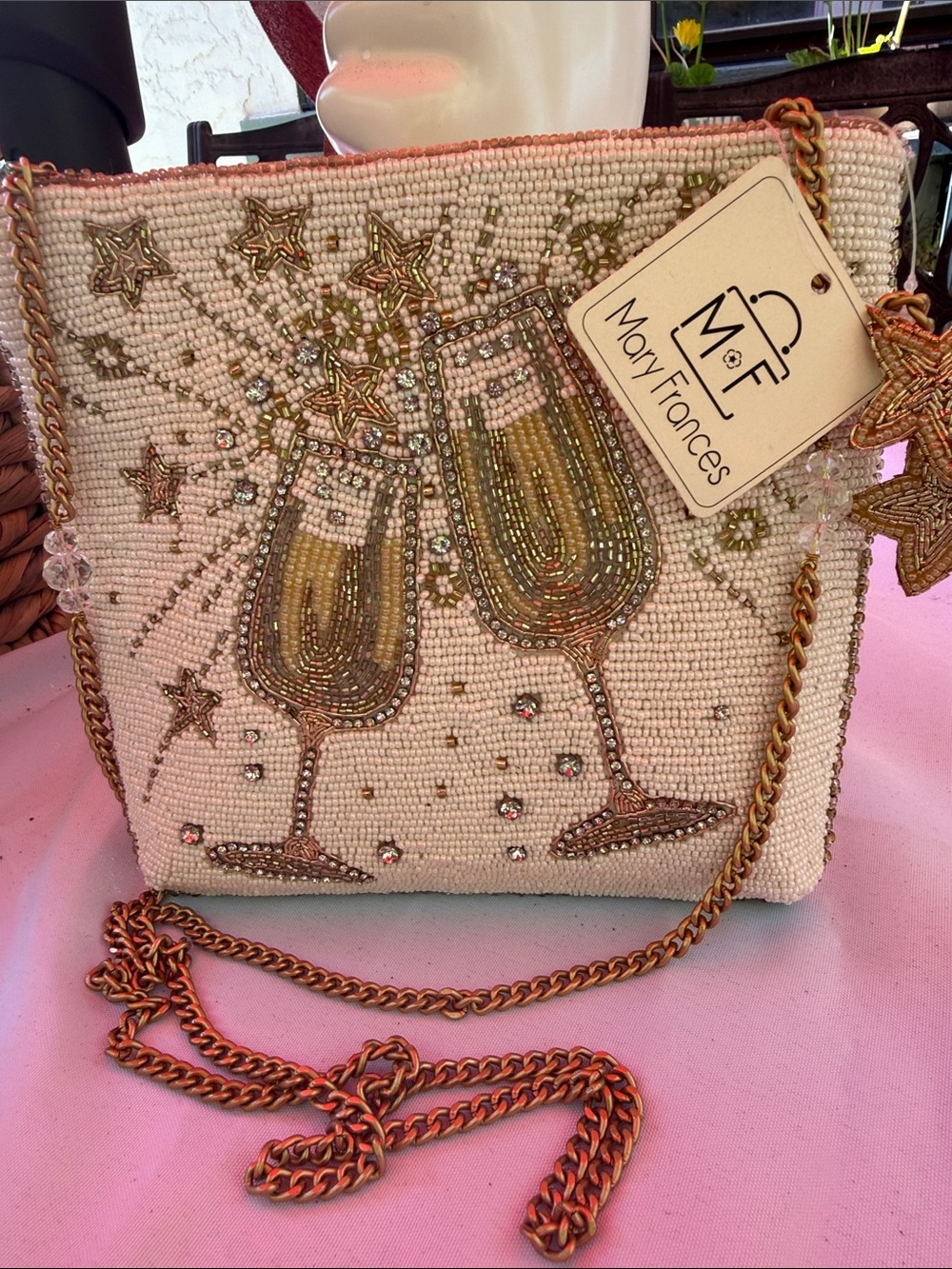 Mary Frances Cream and Gold Beaded Champagne Toast Crossbody